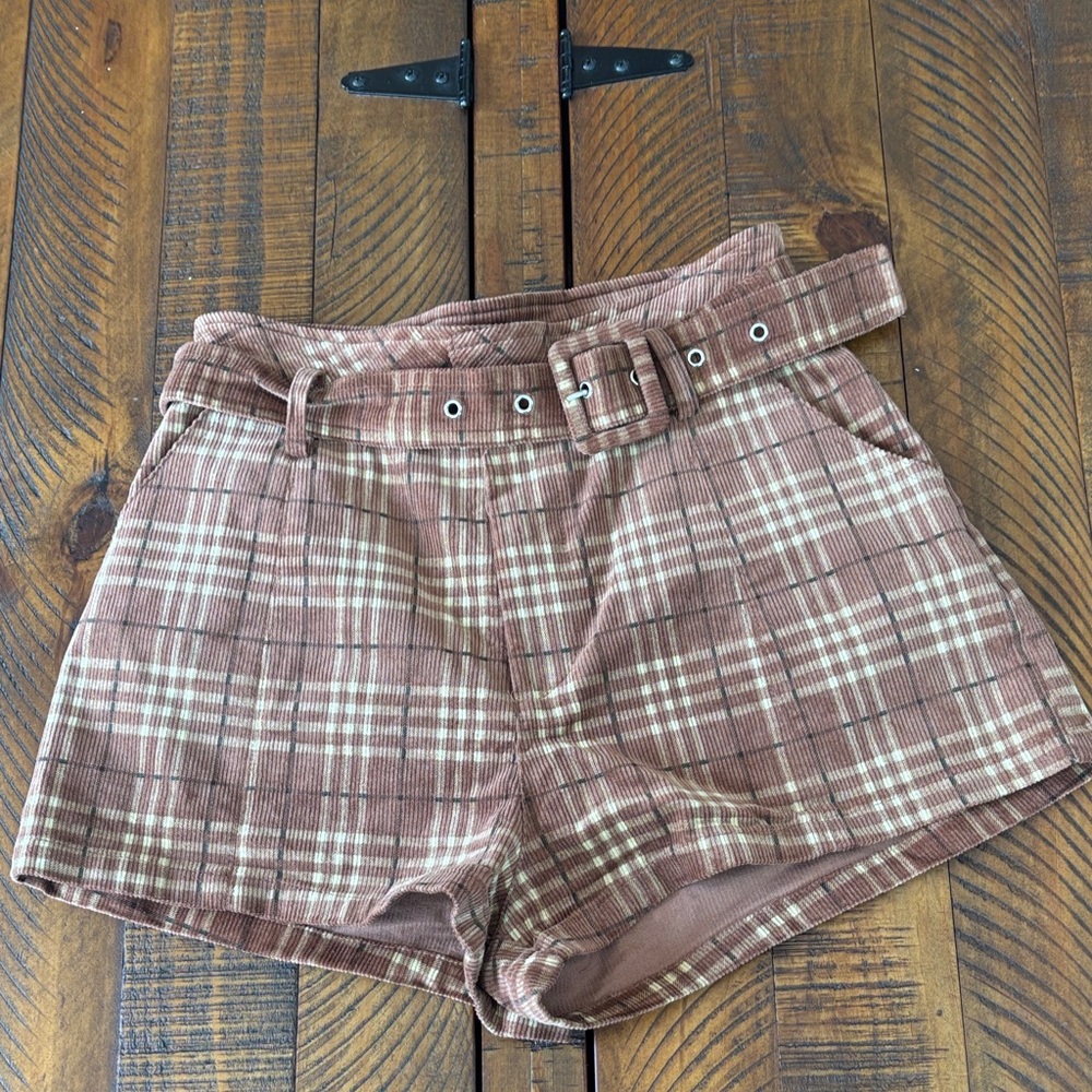 Altar'd State Brown Plaid High Waist Shorts